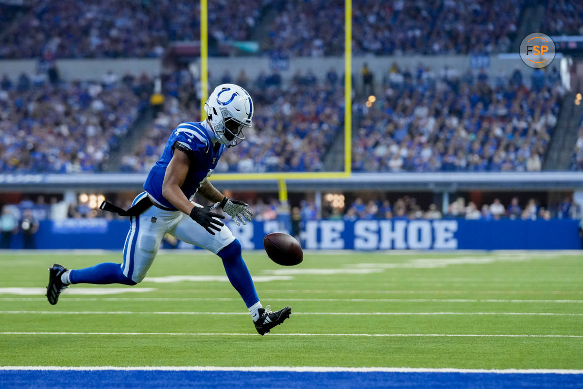 Nov 10, 2024; Indianapolis, Indiana, USA; A pass intended for Indianapolis Colts wide receiver Josh Downs (1) goes incomplete Sunday, Nov. 10, 2024, during a game against the Buffalo Bills at Lucas Oil Stadium in Indianapolis. Credit: Grace Hollars-USA TODAY Network via Imagn Images