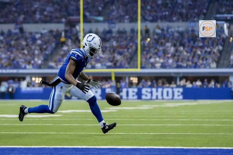 Nov 10, 2024; Indianapolis, Indiana, USA; A pass intended for Indianapolis Colts wide receiver Josh Downs (1) goes incomplete Sunday, Nov. 10, 2024, during a game against the Buffalo Bills at Lucas Oil Stadium in Indianapolis. Credit: Grace Hollars-USA TODAY Network via Imagn Images