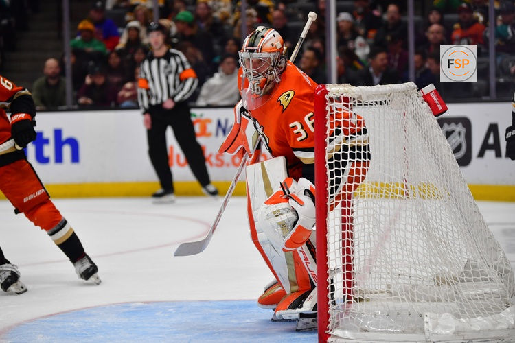 Mar 26, 2025; Anaheim, California, USA; Anaheim Ducks goaltender John Gibson (36) defends the goal against the Boston Bruins during the third period at Honda Center. Credit: Gary A. Vasquez-Imagn Images
