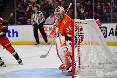 Mar 26, 2025; Anaheim, California, USA; Anaheim Ducks goaltender John Gibson (36) defends the goal against the Boston Bruins during the third period at Honda Center. Mandatory Credit: Gary A. Vasquez-Imagn Images