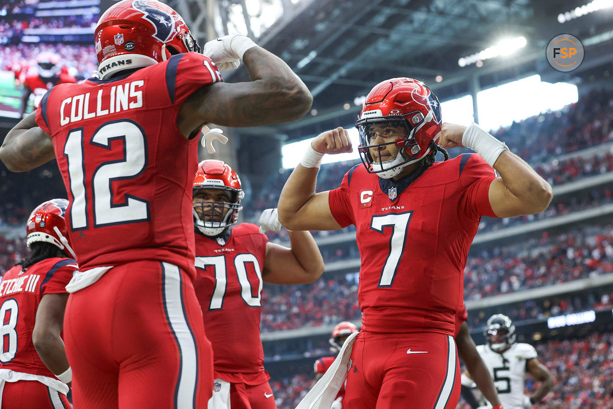 Nov 26, 2023; Houston, Texas, USA; Houston Texans quarterback C.J. Stroud (7) celebrates with wide receiver Nico Collins (12) after a touchdown during the fourth quarter against the Jacksonville Jaguars at NRG Stadium. Credit: Troy Taormina-USA TODAY Sports