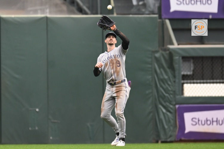 Sep 28, 2025; San Francisco, California, USA;  Colorado Rockies center fielder Brenton Doyle (9) catches a fly ball hit by the San Francisco Giants in the seventh inning at Oracle Park. Credit: Eakin Howard-Imagn Images