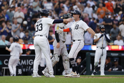 Jun 24, 2025; Detroit, Michigan, USA; Detroit Tigers outfielder Kerry Carpenter (30) celebrates with second base Colt Keith (33) after hitting a two-run home run in the first inning against the Athletics  at Comerica Park. Mandatory Credit: Rick Osentoski-Imagn Images