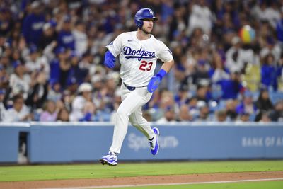May 13, 2026; Los Angeles, California, USA; Los Angeles Dodgers right fielder Kyle Tucker (23) runs home to score in the fourth inning against the San Francisco Giants at Dodger Stadium. Mandatory Credit: Gary A. Vasquez-Imagn Images