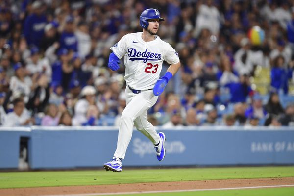 May 13, 2026; Los Angeles, California, USA; Los Angeles Dodgers right fielder Kyle Tucker (23) runs home to score in the fourth inning against the San Francisco Giants at Dodger Stadium. Mandatory Credit: Gary A. Vasquez-Imagn Images