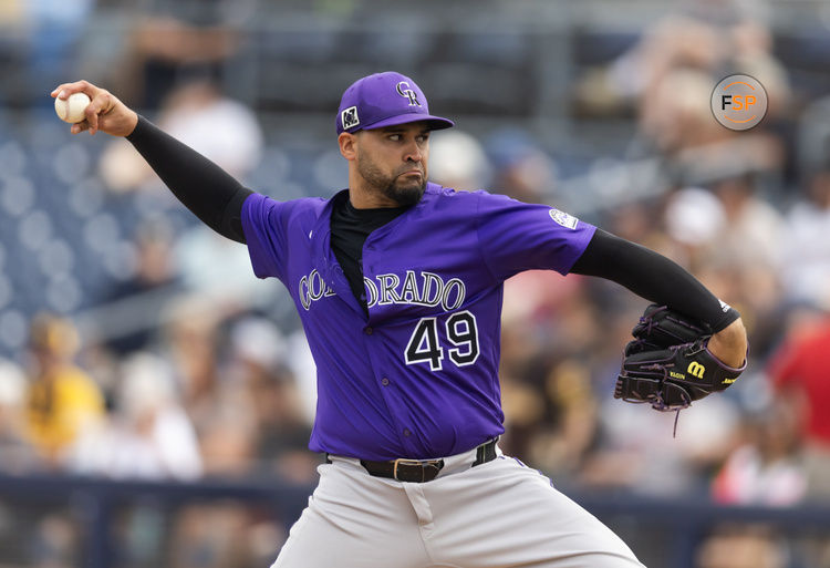 Mar 5, 2025; Peoria, Arizona, USA; Colorado Rockies pitcher Antonio Senzatela against the San Diego Padres during a spring training game at Peoria Sports Complex. Credit: Mark J. Rebilas-Imagn Images