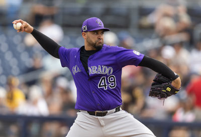 Mar 5, 2025; Peoria, Arizona, USA; Colorado Rockies pitcher Antonio Senzatela against the San Diego Padres during a spring training game at Peoria Sports Complex. Mandatory Credit: Mark J. Rebilas-Imagn Images