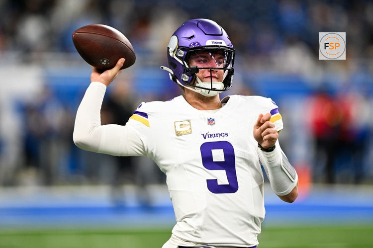 Nov 2, 2025; Detroit, Michigan, USA; Minnesota Vikings quarterback J.J. McCarthy (9) warms up before the game against the Detroit Lions at Ford Field. Credit: Lon Horwedel-Imagn Images