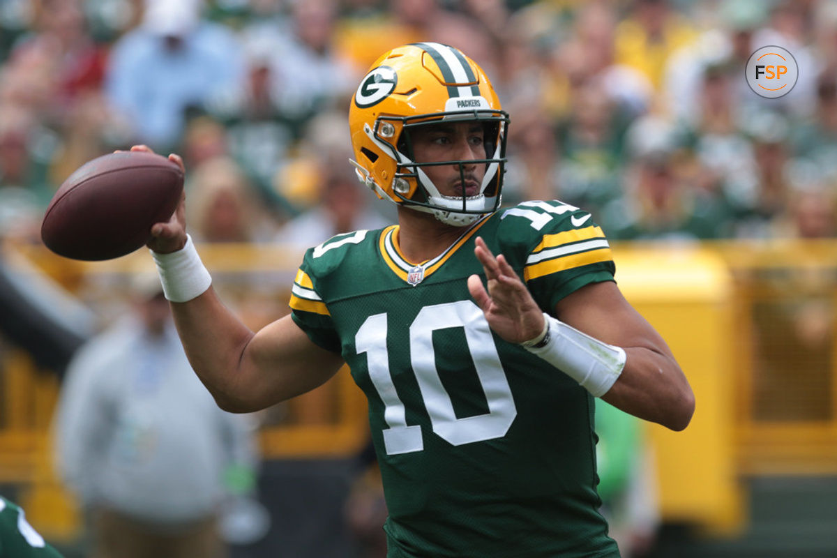 GREEN BAY, WI - SEPTEMBER 24: Green Bay Packers quarterback Jordan Love (10) passes during a game between the Green Bay Packers and the New Orleans Saints on September 24, 2023 at Lambeau Field in Green Bay, WI. (Photo by Larry Radloff/Icon Sportswire)