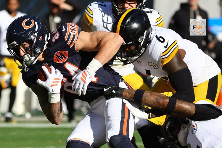 Nov 23, 2025; Chicago, Illinois, USA; Chicago Bears tight end Colston Loveland (84) makes a catch over Pittsburgh Steelers cornerback Jalen Ramsey (5) and  linebacker Patrick Queen (6) during the second half at Soldier Field. Credit: Mike Dinovo-Imagn Images