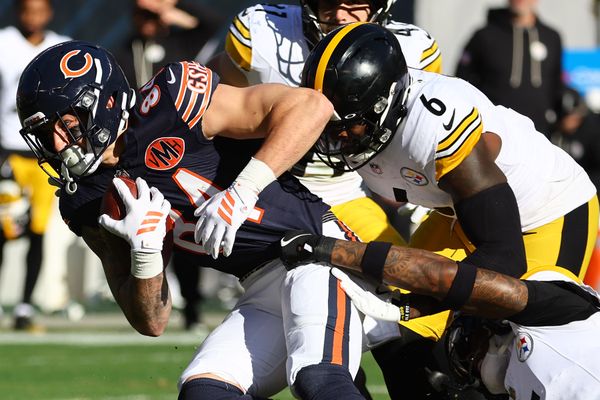 Nov 23, 2025; Chicago, Illinois, USA; Chicago Bears tight end Colston Loveland (84) makes a catch over Pittsburgh Steelers cornerback Jalen Ramsey (5) and  linebacker Patrick Queen (6) during the second half at Soldier Field. Mandatory Credit: Mike Dinovo-Imagn Images