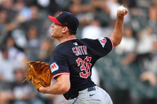 Jul 12, 2025; Chicago, Illinois, USA; Cleveland Guardians pitcher Cade Smith (36) pitches during the eighth inning against the Chicago White Sox at Rate Field. Mandatory Credit: Patrick Gorski-Imagn Images