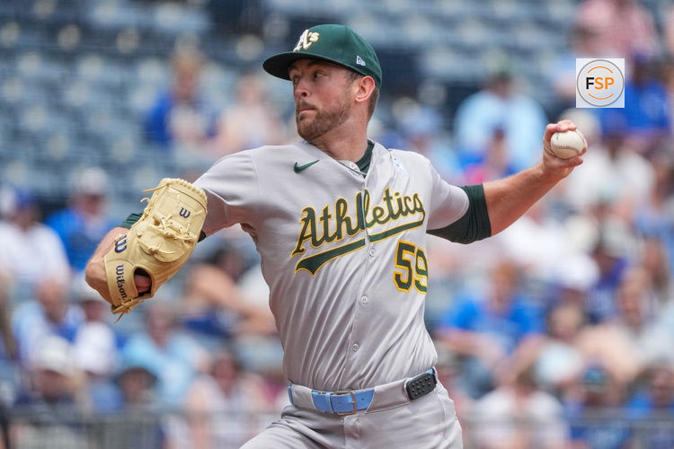 Jun 15, 2025; Kansas City, Missouri, USA; Athletics starting pitcher Jeffrey Springs (59) delivers a pitch against the Kansas City Royals during the first inning of the game at Kauffman Stadium. Credit: Denny Medley-Imagn Images