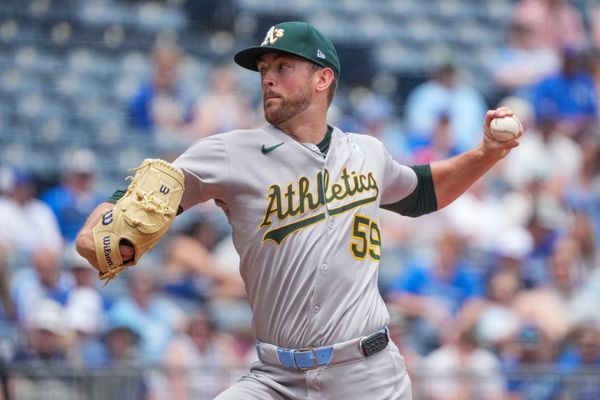 Jun 15, 2025; Kansas City, Missouri, USA; Athletics starting pitcher Jeffrey Springs (59) delivers a pitch against the Kansas City Royals during the first inning of the game at Kauffman Stadium. Mandatory Credit: Denny Medley-Imagn Images