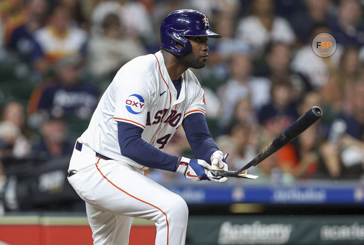 Sep 11, 2024; Houston, Texas, USA; Houston Astros designated hitter Yordan Alvarez (44) breaks his bat on a single during the third inning against the Oakland Athletics at Minute Maid Park. Credit: Troy Taormina-Imagn Images