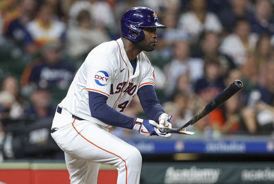 Sep 11, 2024; Houston, Texas, USA; Houston Astros designated hitter Yordan Alvarez (44) breaks his bat on a single during the third inning against the Oakland Athletics at Minute Maid Park. Mandatory Credit: Troy Taormina-Imagn Images