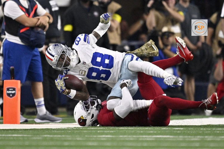Nov 3, 2025; Arlington, Texas, USA; Arizona Cardinals cornerback Will Johnson (0) tackles Dallas Cowboys wide receiver CeeDee Lamb (88) in the second half at AT&T Stadium. Credit: Jerome Miron-Imagn Images