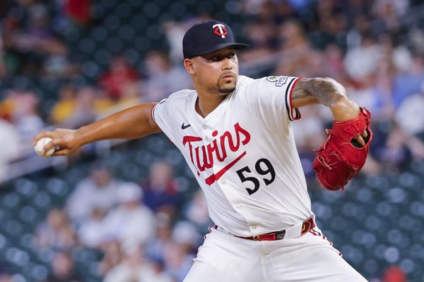 Jul 28, 2025; Minneapolis, Minnesota, USA; Minnesota Twins relief pitcher Jhoan Duran (59) throws to the Boston Red Sox in the ninth inning at Target Field. Mandatory Credit: Bruce Kluckhohn-Imagn Images