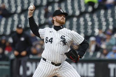 Apr 30, 2025; Chicago, Illinois, USA; Chicago White Sox starting pitcher Shane Smith (64) delivers a pitch against the Milwaukee Brewers during the first inning at Rate Field. Mandatory Credit: Kamil Krzaczynski-Imagn Images