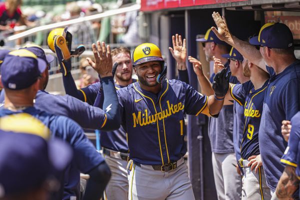 Aug 8, 2024; Cumberland, Georgia, USA; Milwaukee Brewers center fielder Jackson Chourio (11) reacts after hitting a home run against the Atlanta Braves during the fifth inning at Truist Park. Mandatory Credit: Dale Zanine-USA TODAY Sports