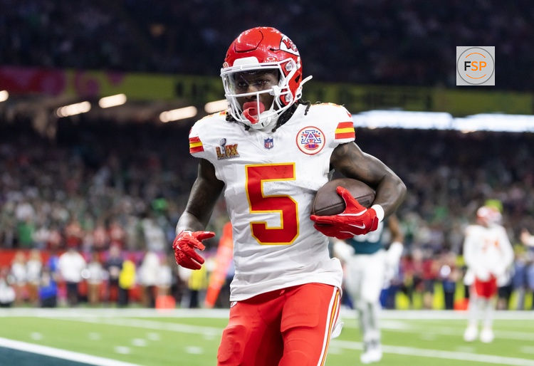 Feb 9, 2025; New Orleans, LA, USA;  Kansas City Chiefs wide receiver Marquise Brown (5) against the Philadelphia Eagles in Super Bowl LIX at Ceasars Superdome. Credit: Mark J. Rebilas-Imagn Images