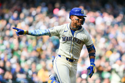 Sep 29, 2024; Seattle, Washington, USA; Seattle Mariners center fielder Julio Rodriguez (44) celebrates after hitting an RBI single against the Oakland Athletics during the fifth inning at T-Mobile Park. Mandatory Credit: Steven Bisig-Imagn Images