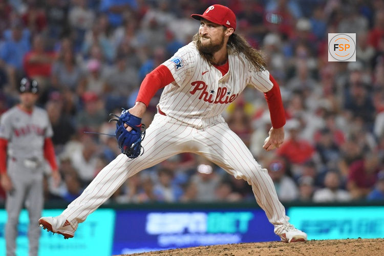 Jul 21, 2025; Philadelphia, Pennsylvania, USA; Philadelphia Phillies pitcher Matt Strahm (25) throws a pitch during the ninth inning against the Boston Red Sox at Citizens Bank Park. Credit: Eric Hartline-Imagn Images