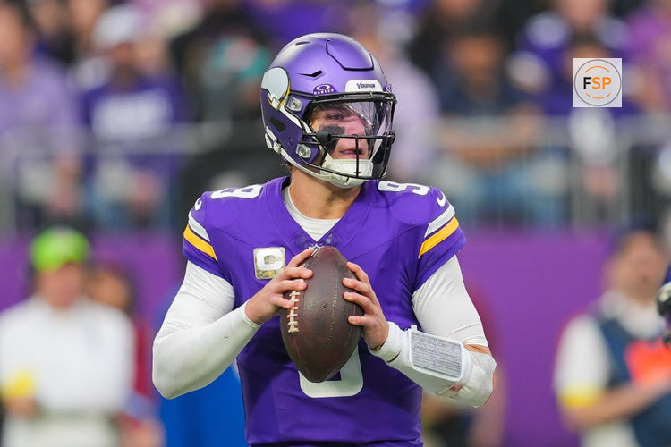 Nov 9, 2025; Minneapolis, Minnesota, USA; Minnesota Vikings quarterback J.J. McCarthy (9) drops back to pass against the Baltimore Ravens in the second quarter at U.S. Bank Stadium. Credit: Brad Rempel-Imagn Images