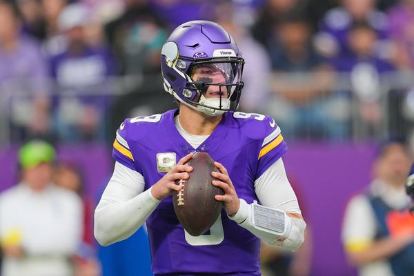Nov 9, 2025; Minneapolis, Minnesota, USA; Minnesota Vikings quarterback J.J. McCarthy (9) drops back to pass against the Baltimore Ravens in the second quarter at U.S. Bank Stadium. Mandatory Credit: Brad Rempel-Imagn Images