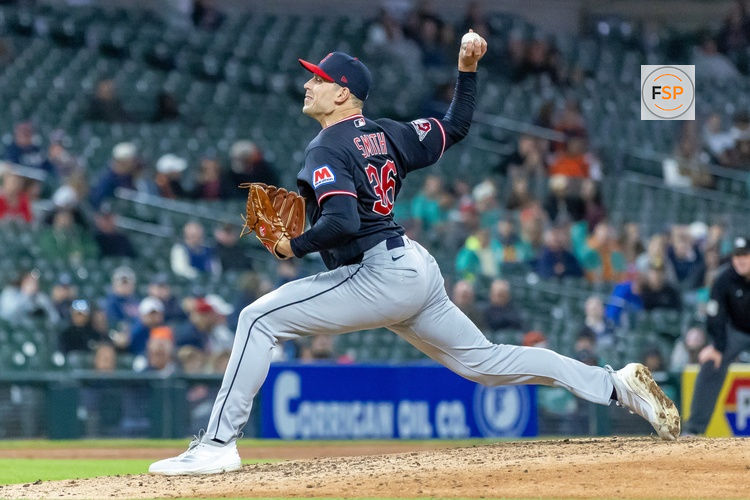 May 20, 2026; Detroit, Michigan, USA; Cleveland Guardians pitcher Cade Smith (36) delivers  during the tenth inning against the Detroit Tigers at Comerica Park. Credit: David Reginek-Imagn Images