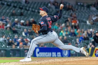 May 20, 2026; Detroit, Michigan, USA; Cleveland Guardians pitcher Cade Smith (36) delivers  during the tenth inning against the Detroit Tigers at Comerica Park. Mandatory Credit: David Reginek-Imagn Images