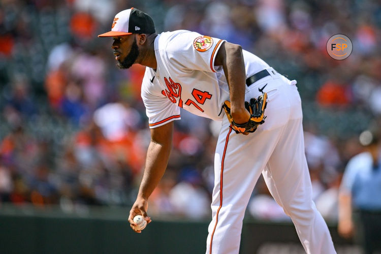 Aug 6, 2023; Baltimore, Maryland, USA; Baltimore Orioles relief pitcher Felix Bautista (74) prepares to throw a pitch during the ninth inning against the New York Mets at Oriole Park at Camden Yards. Credit: Reggie Hildred-USA TODAY Sports