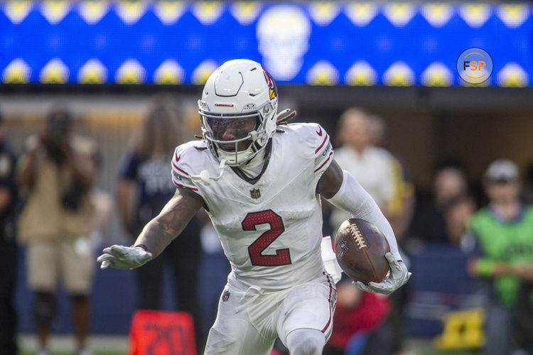 INGLEWOOD, CA - OCTOBER 15: Arizona Cardinals wide receiver Marquise Brown (2) rushes after a catch in the second half of an NFL football game between the Arizona Cardinals and Los Angeles Rams at SoFi Stadium, October 15, 2023, in Inglewood, California. (Photo by Tony Ding/Icon Sportswire)