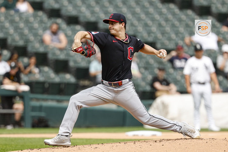 Jul 11, 2025; Chicago, Illinois, USA; Cleveland Guardians starting pitcher Logan Allen (26) delivers a pitch against the Chicago White Sox during the first inning of game one of a doubleheader at Rate Field. Credit: Kamil Krzaczynski-Imagn Images