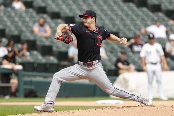 Jul 11, 2025; Chicago, Illinois, USA; Cleveland Guardians starting pitcher Logan Allen (26) delivers a pitch against the Chicago White Sox during the first inning of game one of a doubleheader at Rate Field. Mandatory Credit: Kamil Krzaczynski-Imagn Images