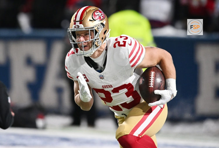 Dec 1, 2024; Orchard Park, New York, USA; San Francisco 49ers running back Christian McCaffrey (23) warms up before a game against the Buffalo Bills at Highmark Stadium. Credit: Mark Konezny-Imagn Images