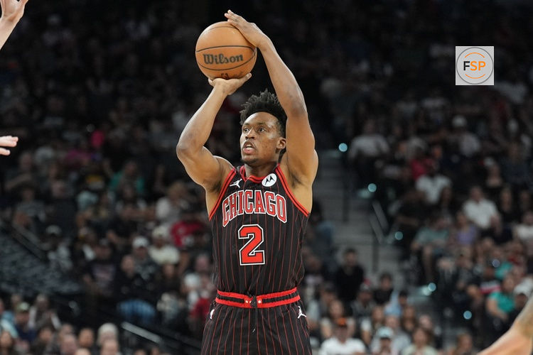 Mar 30, 2026; San Antonio, Texas, USA;  Chicago Bulls guard Collin Sexton (2) shoots in the first half against the San Antonio Spurs at Frost Bank Center. Credit: Daniel Dunn-Imagn Images