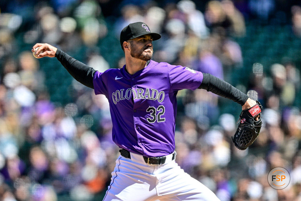 DENVER, CO - APRIL 07: Colorado Rockies pitcher Dakota Hudson (32) pitches during an interleague game between the Tampa Bay Rays and the Colorado Rockies at Coors Field on April 7, 2024 in Denver, Colorado. (Photo by Dustin Bradford/Icon Sportswire)