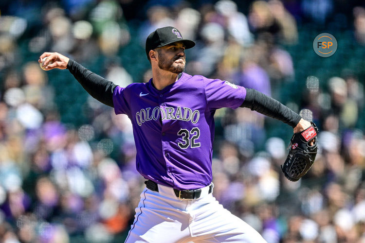 DENVER, CO - APRIL 07: Colorado Rockies pitcher Dakota Hudson (32) pitches during an interleague game between the Tampa Bay Rays and the Colorado Rockies at Coors Field on April 7, 2024 in Denver, Colorado. (Photo by Dustin Bradford/Icon Sportswire)