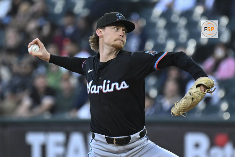 May 9, 2025; Chicago, Illinois, USA;  Miami Marlins pitcher Max Meyer (23) delivers during the second inning against the Chicago White Sox at Rate Field. Credit: Matt Marton-Imagn Images