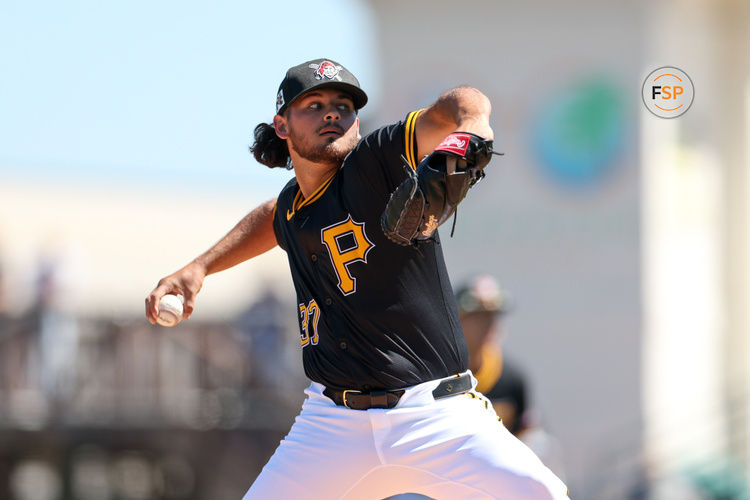 Mar 7, 2025; Bradenton, Florida, USA; Pittsburgh Pirates pitcher Jared Jones (37) throws a pitch against the Philadelphia Phillies in the first inning during spring training at LECOM Park. Credit: Nathan Ray Seebeck-Imagn Images