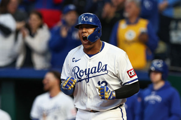 KANSAS CITY, MO - APRIL 06: Kansas City Royals catcher Salvador Perez (13) yells to celebrate a two-run home run by outfielder MJ Melendez (1) in the seventh inning of an MLB game between the Chicago White Sox and Kansas City Royals on Apr 6, 2024 at Kauffman Stadium in Kansas City, MO. (Photo by Scott Winters/Icon Sportswire)