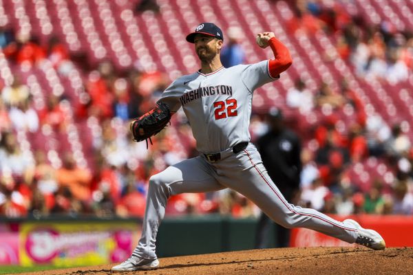 May 14, 2026; Cincinnati, Ohio, USA; Washington Nationals starting pitcher Foster Griffin (22) pitches against the Cincinnati Reds in the first inning at Great American Ball Park. Mandatory Credit: Katie Stratman-Imagn Images