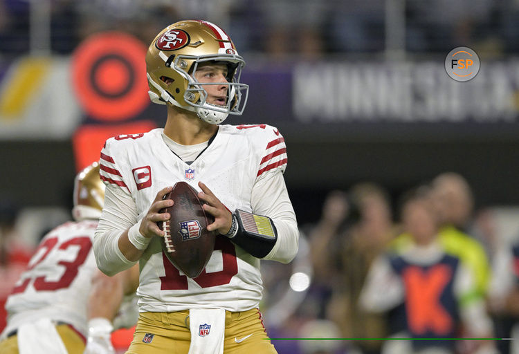 MINNEAPOLIS, MN - OCTOBER 23: San Francisco 49ers quarterback Brock Purdy (13) looks to pass during an NFL game between the Minnesota Vikings and San Francisco 49ers on October 23, 2023, at U.S. Bank Stadium in Minneapolis, MN.(Photo by Nick Wosika/Icon Sportswire)
