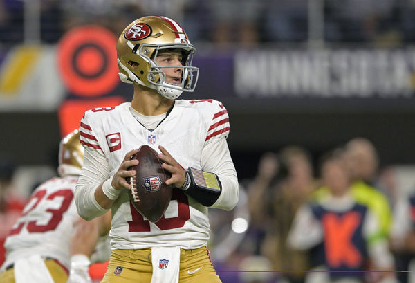 MINNEAPOLIS, MN - OCTOBER 23: San Francisco 49ers quarterback Brock Purdy (13) looks to pass during an NFL game between the Minnesota Vikings and San Francisco 49ers on October 23, 2023, at U.S. Bank Stadium in Minneapolis, MN.(Photo by Nick Wosika/Icon Sportswire)
