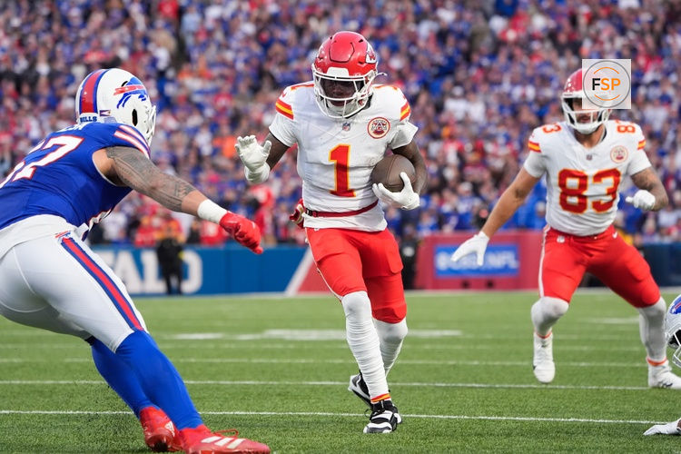 Nov 2, 2025; Orchard Park, New York, USA; Kansas City Chiefs wide receiver Xavier Worthy (1) runs the ball after a catch in the first quarter against the Buffalo Bills at Highmark Stadium. Credit: Gregory Fisher-Imagn Images
