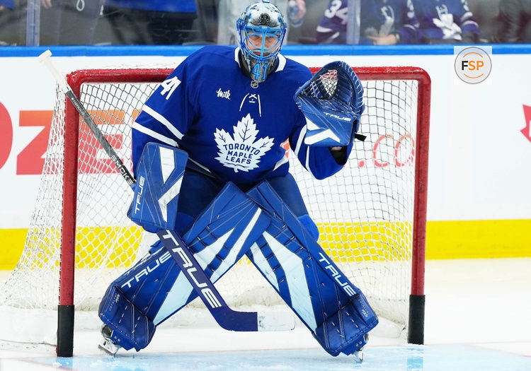 Nov 5, 2025; Toronto, Ontario, CAN; Toronto Maple Leafs goaltender Anthony Stolarz (41) takes pucks during the warmup before a game against the Utah Mammoth at Scotiabank Arena. Credit: Nick Turchiaro-Imagn Images