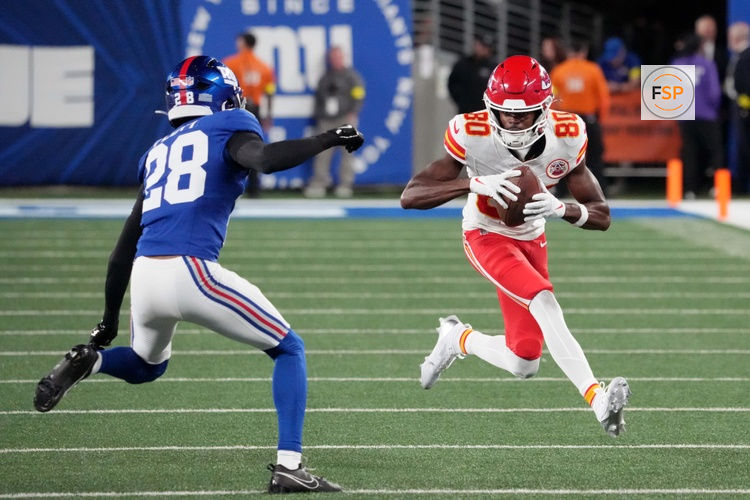 Sep 21, 2025; East Rutherford, New Jersey, USA; Kansas City Chiefs wide receiver Tyquan Thornton (80) runs against New York Giants cornerback Cordale Flott (28) in the second quarter at MetLife Stadium. Credit: Robert Deutsch-Imagn Images
