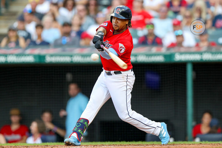 CLEVELAND, OH - SEPTEMBER 04: Cleveland Guardians third baseman Jose Ramirez (11) triples to right to drive in a run during the third inning of the Major League Baseball game between the Minnesota Twins and Cleveland Guardians on September 4, 2023, at Progressive Field in Cleveland, OH. (Photo by Frank Jansky/Icon Sportswire)