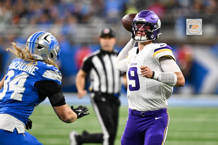 Nov 2, 2025; Detroit, Michigan, USA; Minnesota Vikings quarterback J.J. McCarthy (9) throws the ball during the first quarter against the Minnesota Vikings at Ford Field. Credit: Lon Horwedel-Imagn Images